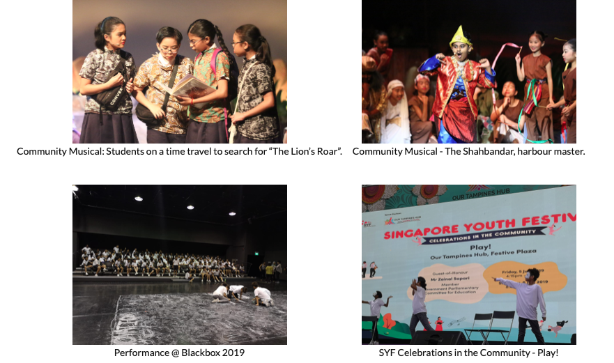 Four school performance photos: community musical, Shahbandar costume, Blackbox 2019 dance, and Singapore Youth Festival event.